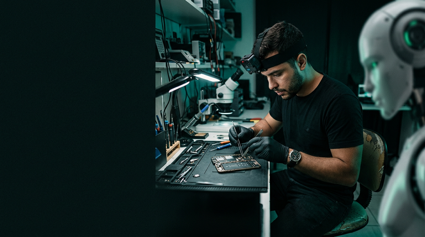Smartphone repair technician wearing a head-mounted first-person camera while a robot observes the repair