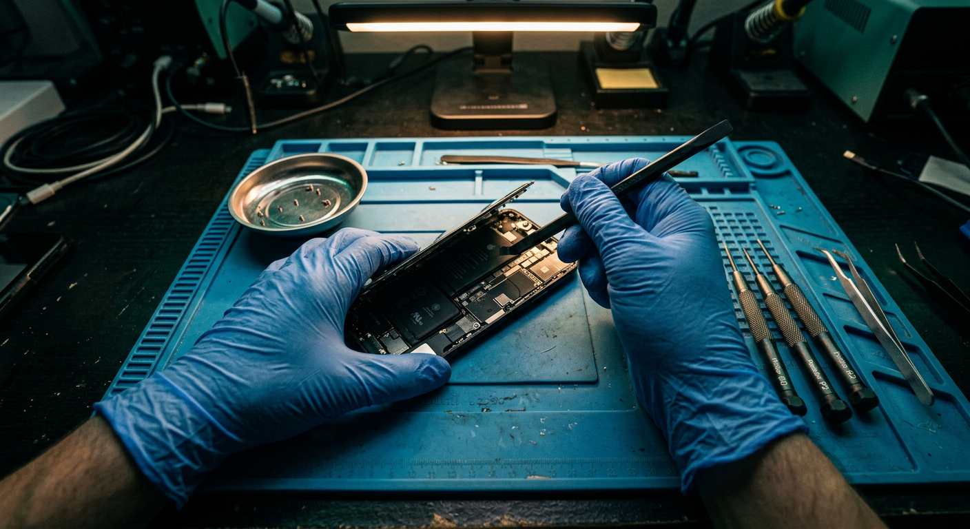 First-person view of gloved hands opening a smartphone on a repair bench